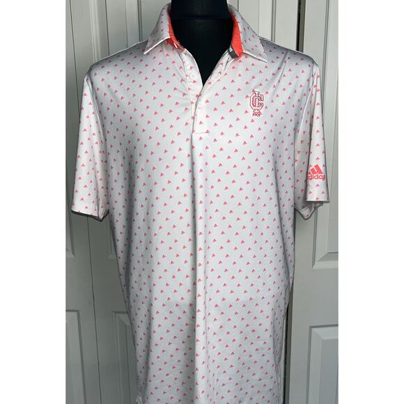 Adidas Men’s Hot Pink Polo Golf Shirt All Over Trefoil Print White Lg ICC Logo - Picture 1 of 6